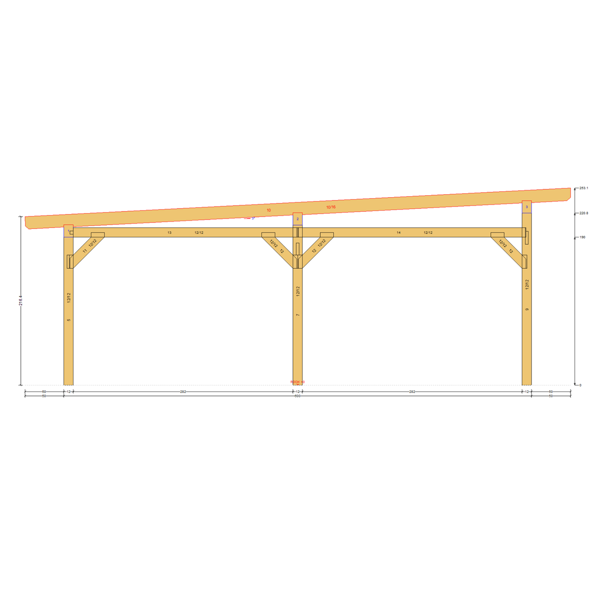 Bauplan Carport Flachdach 12 Querschnitt mit Bemaßung