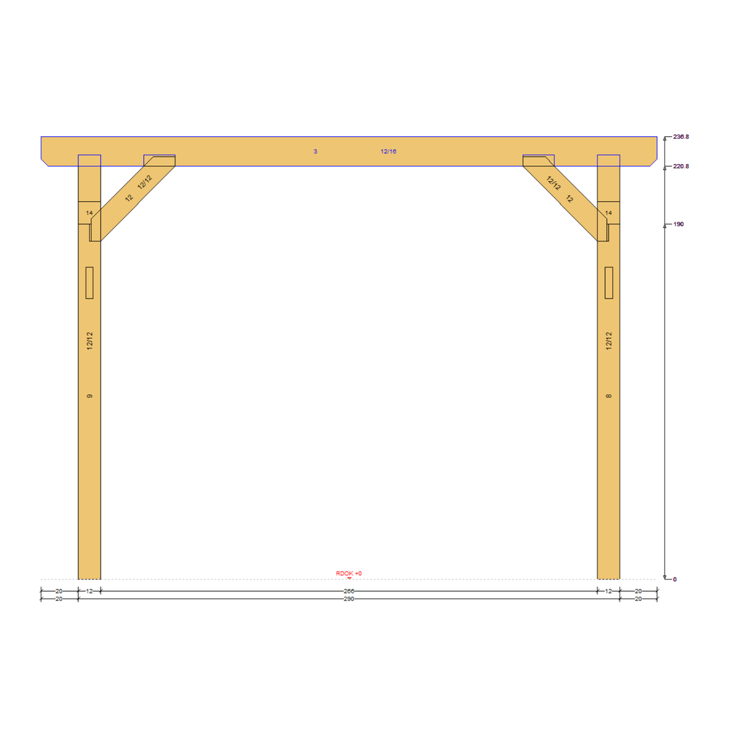 Bauplan Carport Flachdach 12 Seitenansicht mit Bemaßung