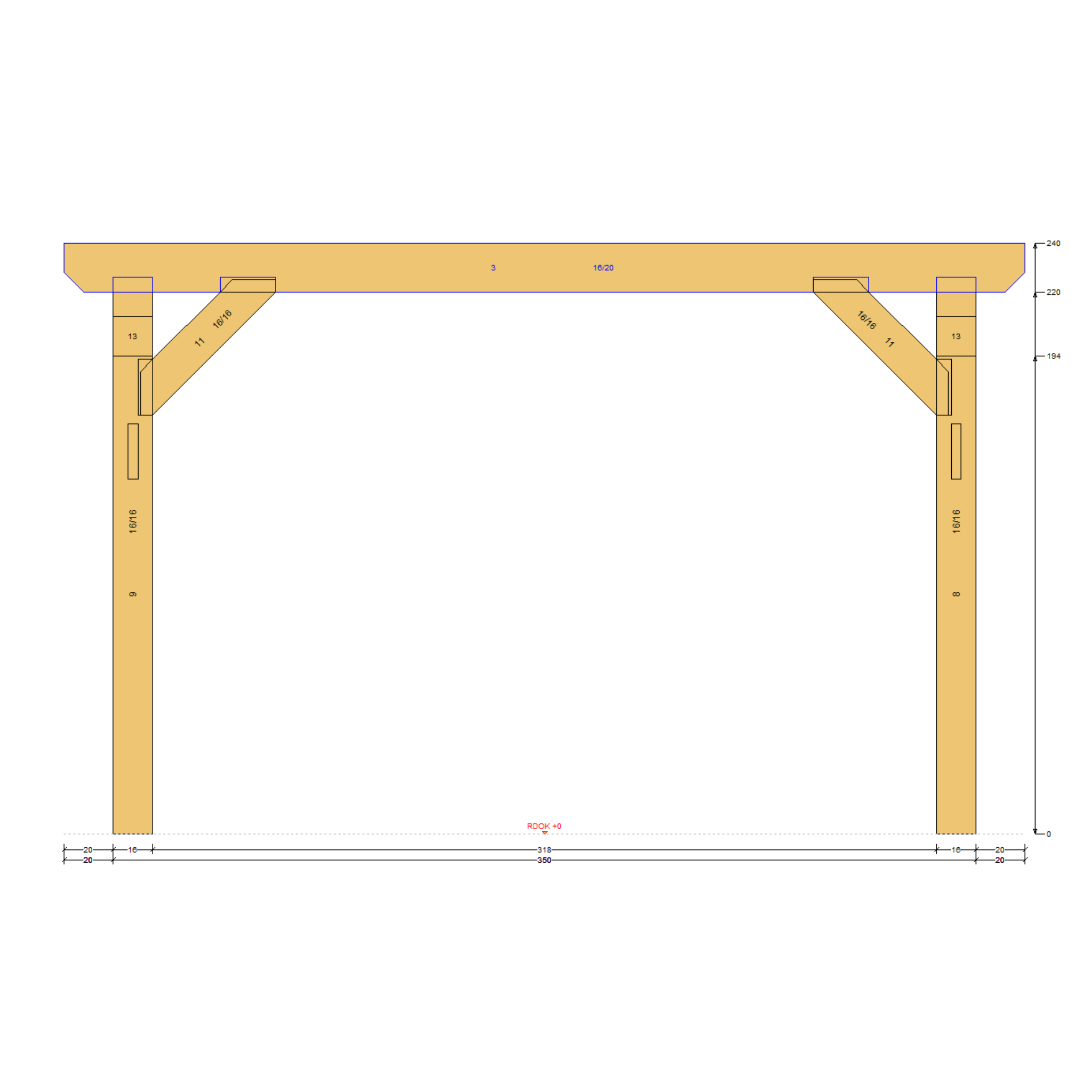 Bauplan Carport Flachdach 13 Seitenansicht mit Bemaßung