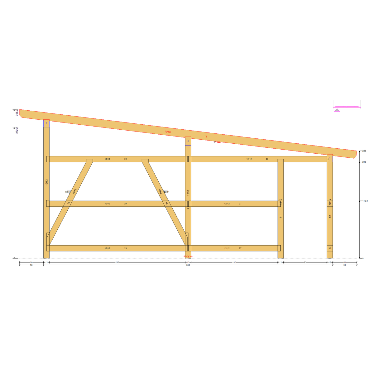 Bauplan Carport Flachdach 15 Querschnitt mit Bemaßung
