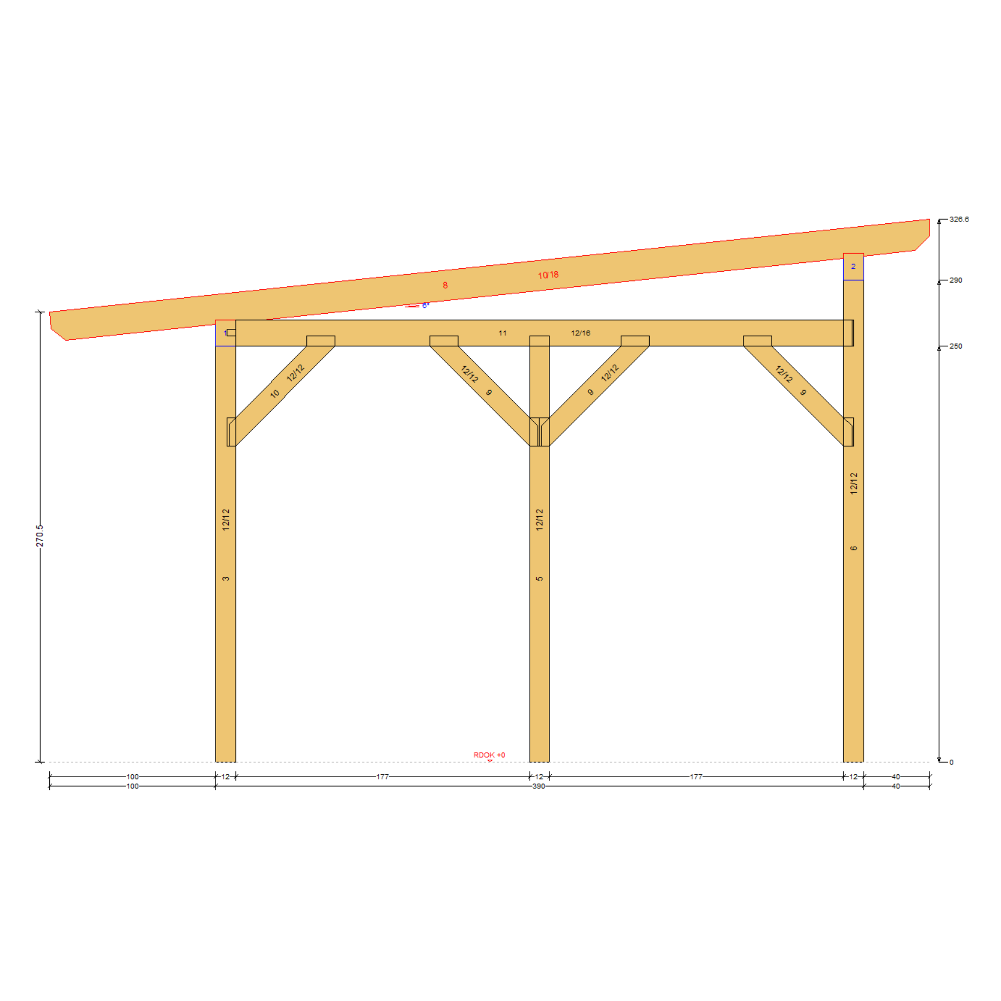 Bauplan Carport Flachdach 16 Querschnitt mit Bemaßung