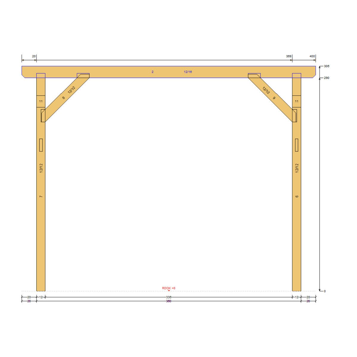 Bauplan Carport Flachdach 16 Seitenansicht mit Bemaßung