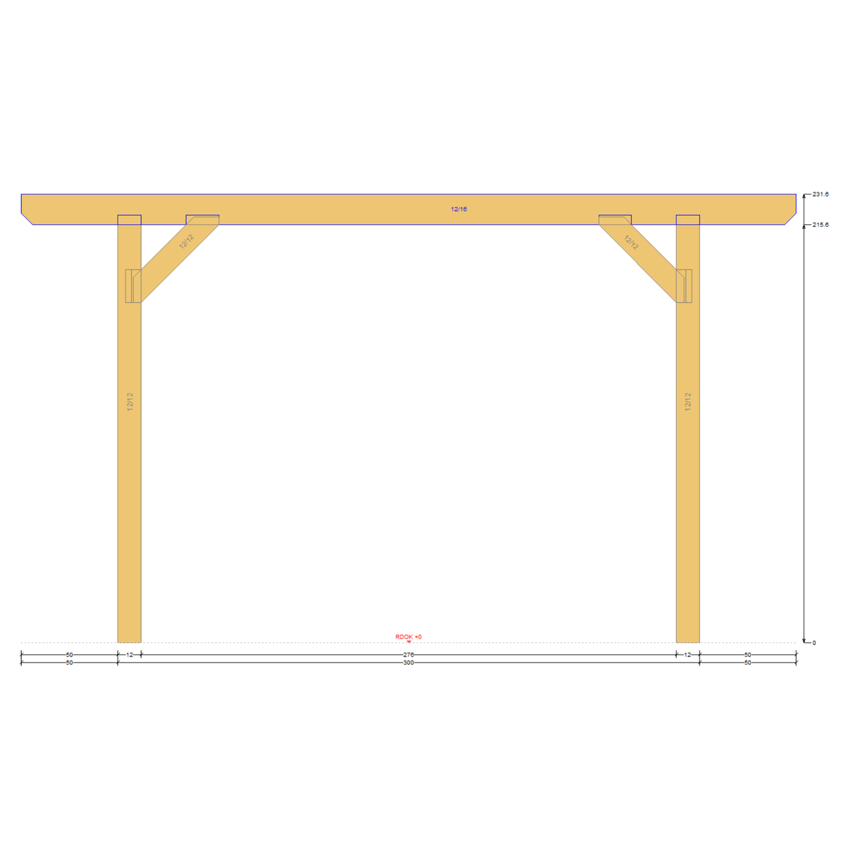 Bauplan Carport Flachdach 1 Seitenansicht mit Bemaßung