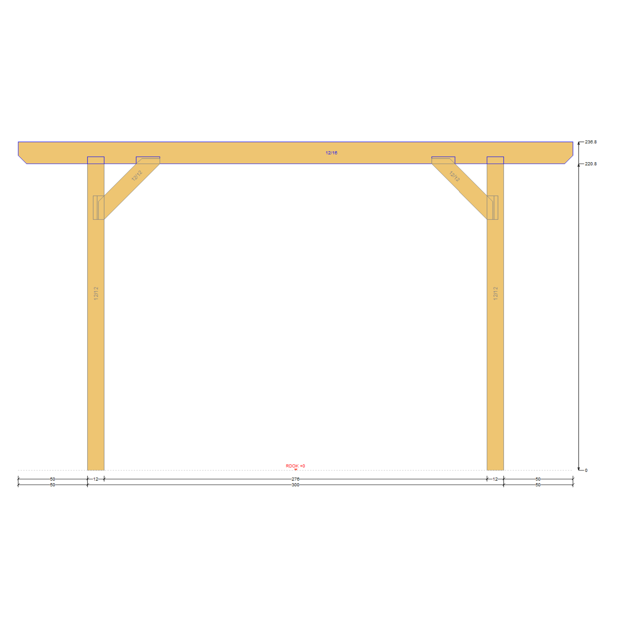 Bauplan Carport Flachdach 3 Seitenansicht mit Bemaßung