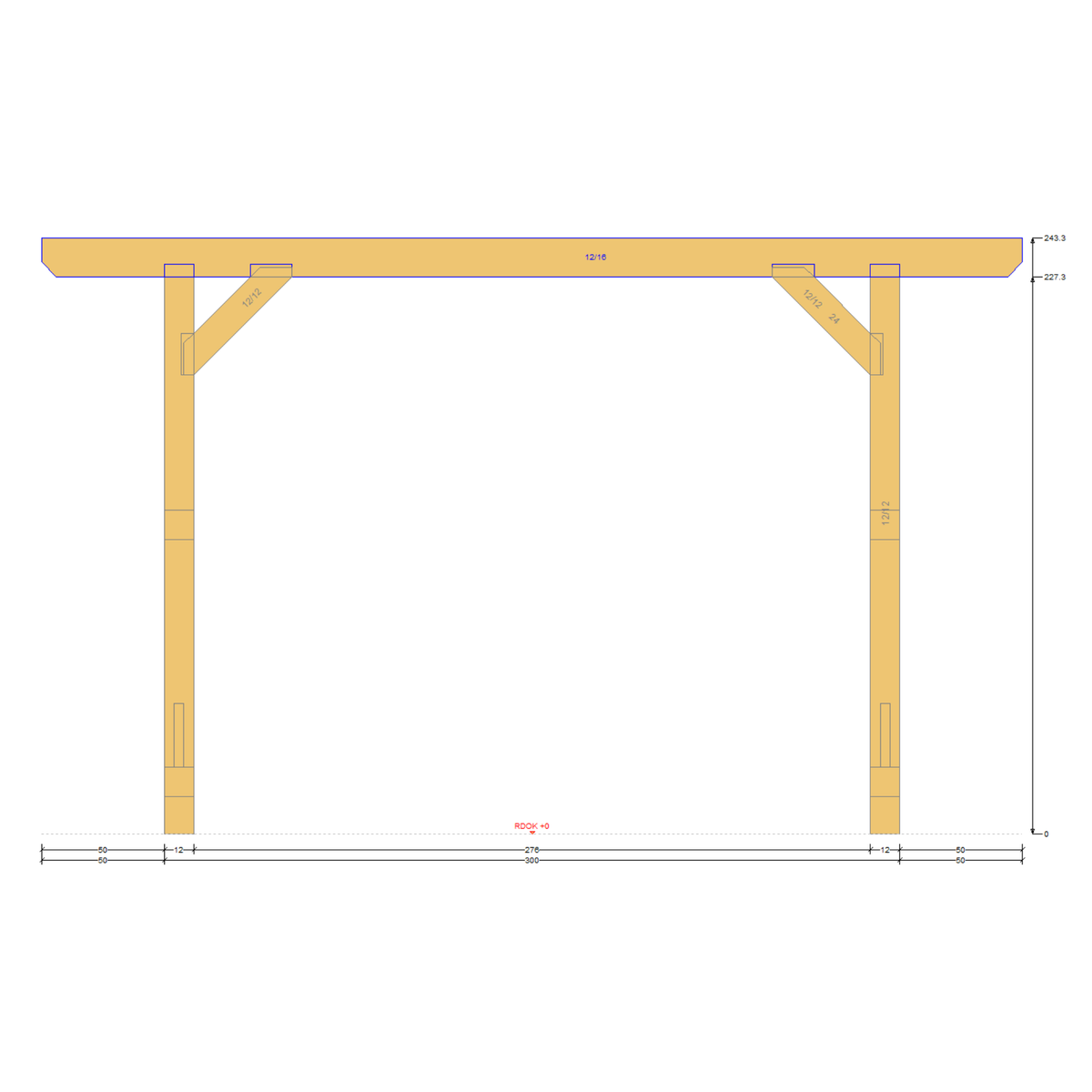Bauplan Carport Flachdach 6 Seitenansicht mit Bemaßung