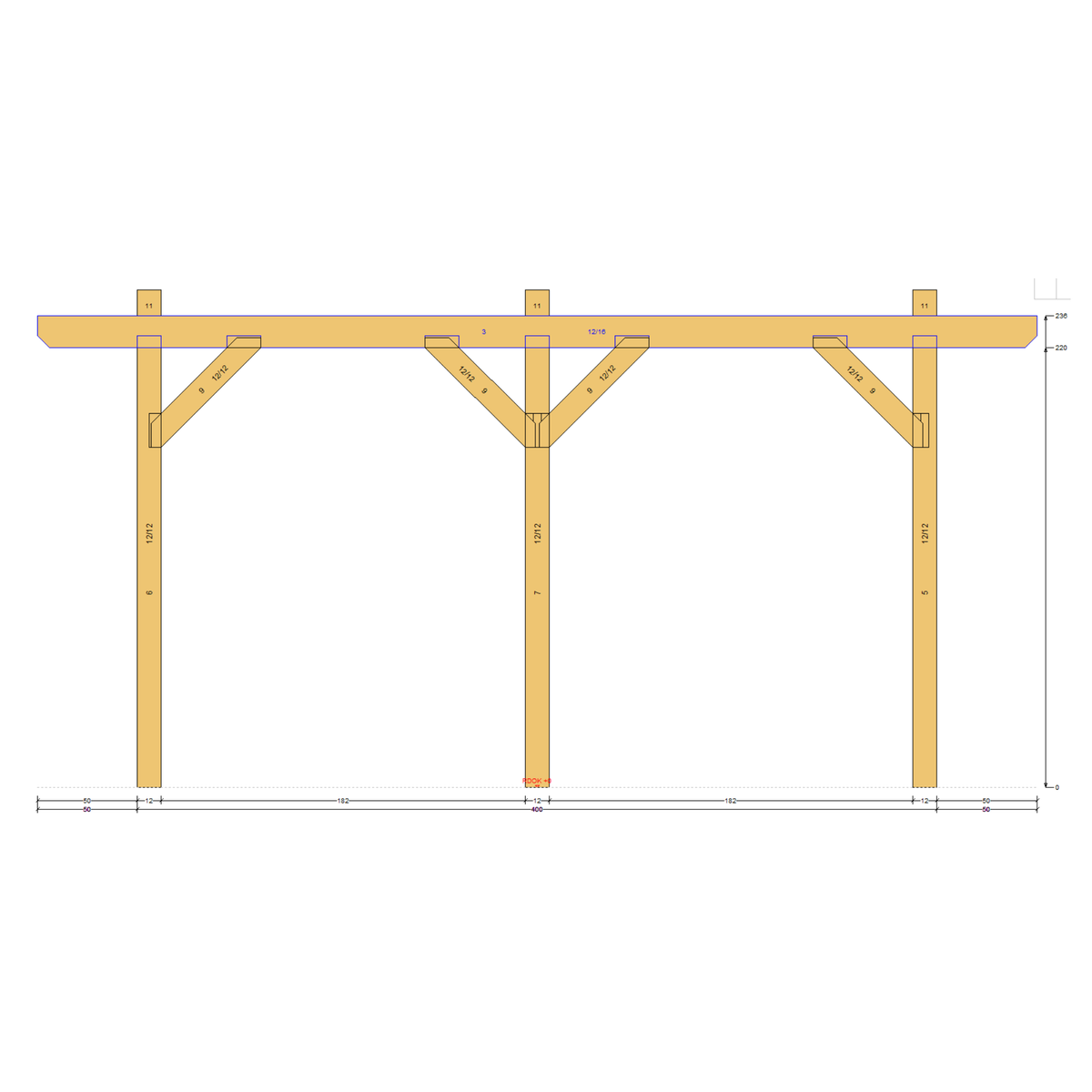 Bauplan Carport Satteldach 1 Seitenansicht mit Bemaßung