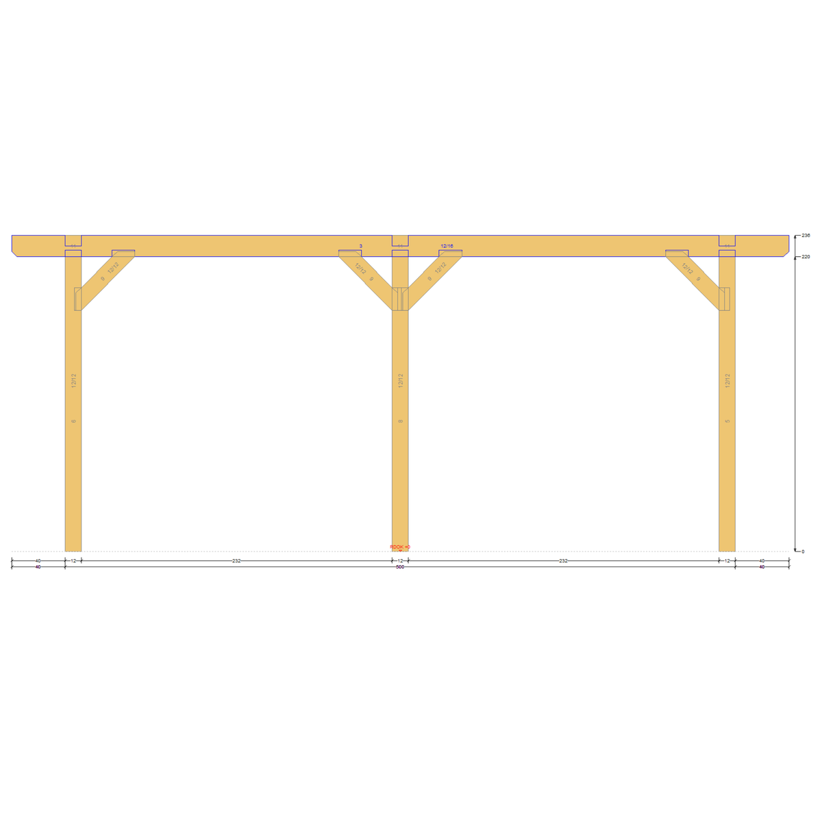 Bauplan Carport Satteldach 2 Seitenansicht mit Bemaßung