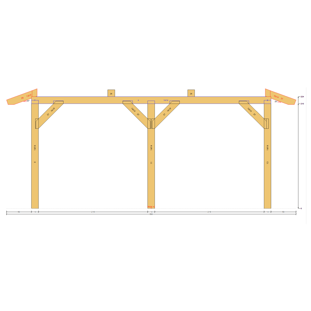 Bauplan Carport Walmdach 12 Seitenansicht mit Bemaßung