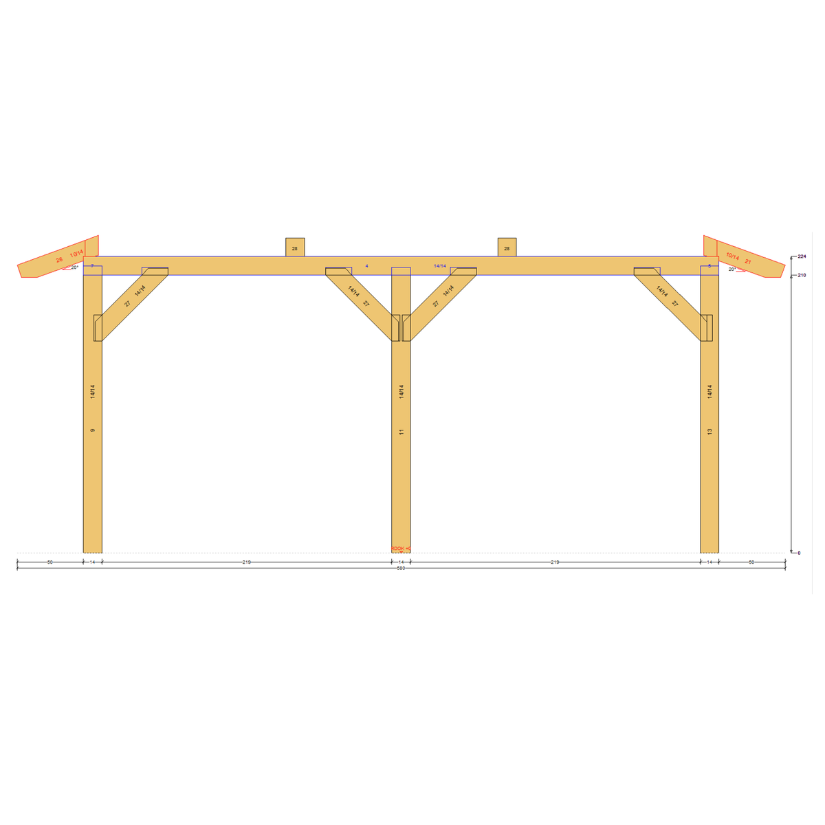 Bauplan Carport Walmdach 12 Seitenansicht mit Bemaßung