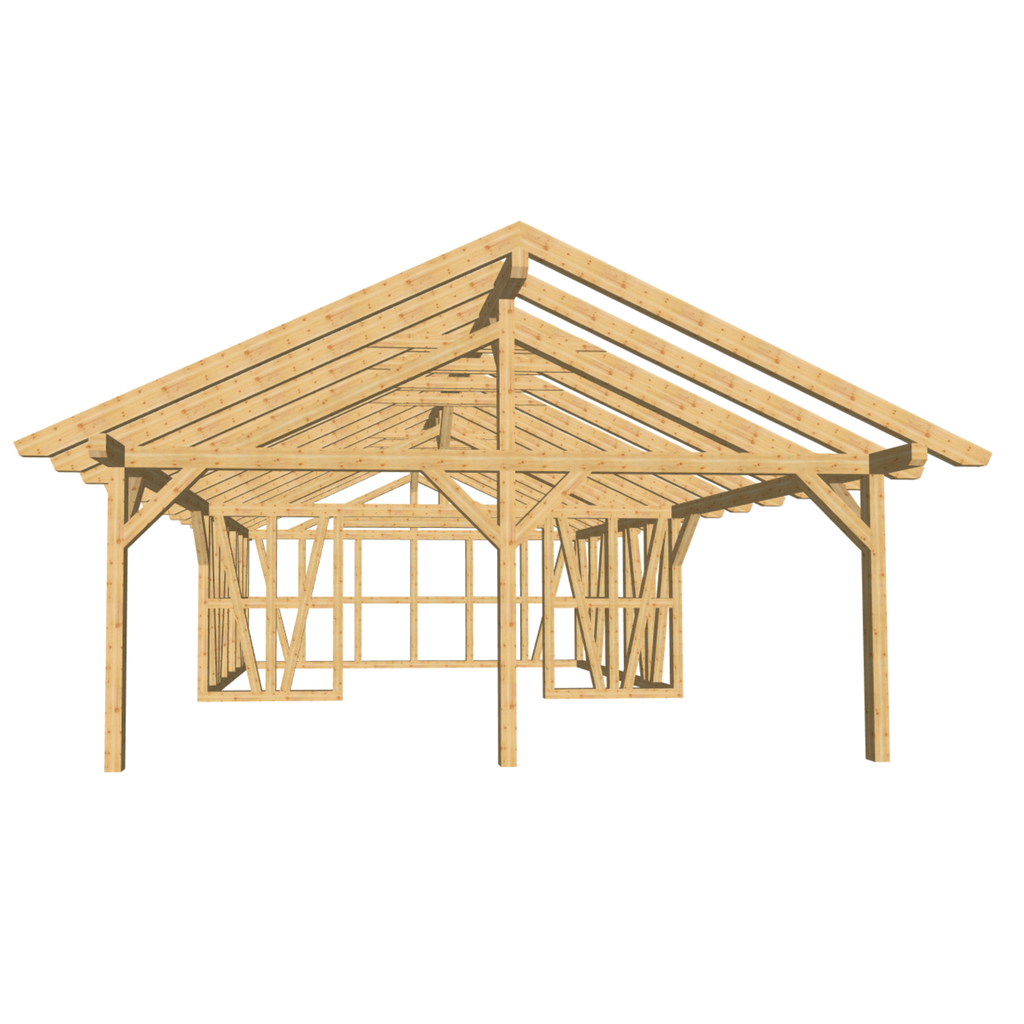 Bauplan Carport mit Geräteschuppen 10 3D-Frontansicht