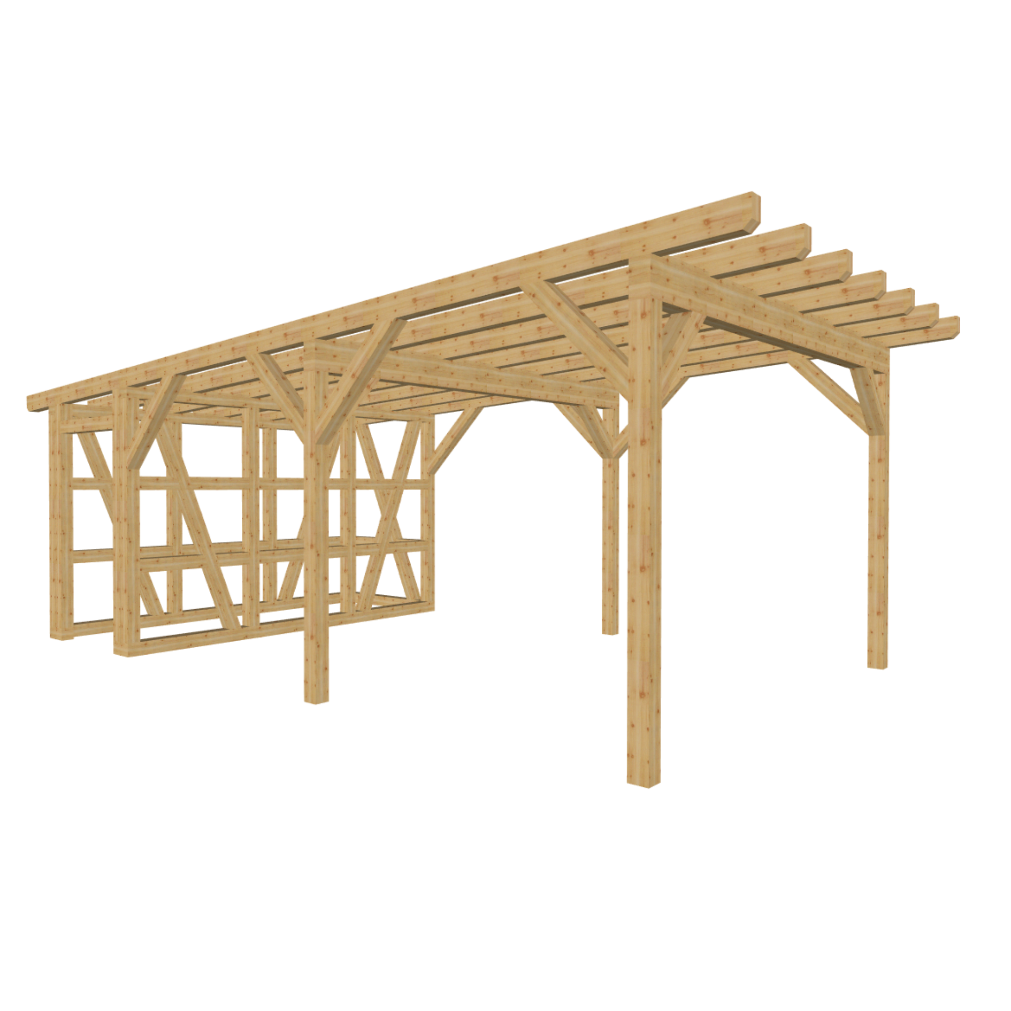 Bauplan Carport mit Geräteschuppen 12 3D-Ansicht schräg von vorn