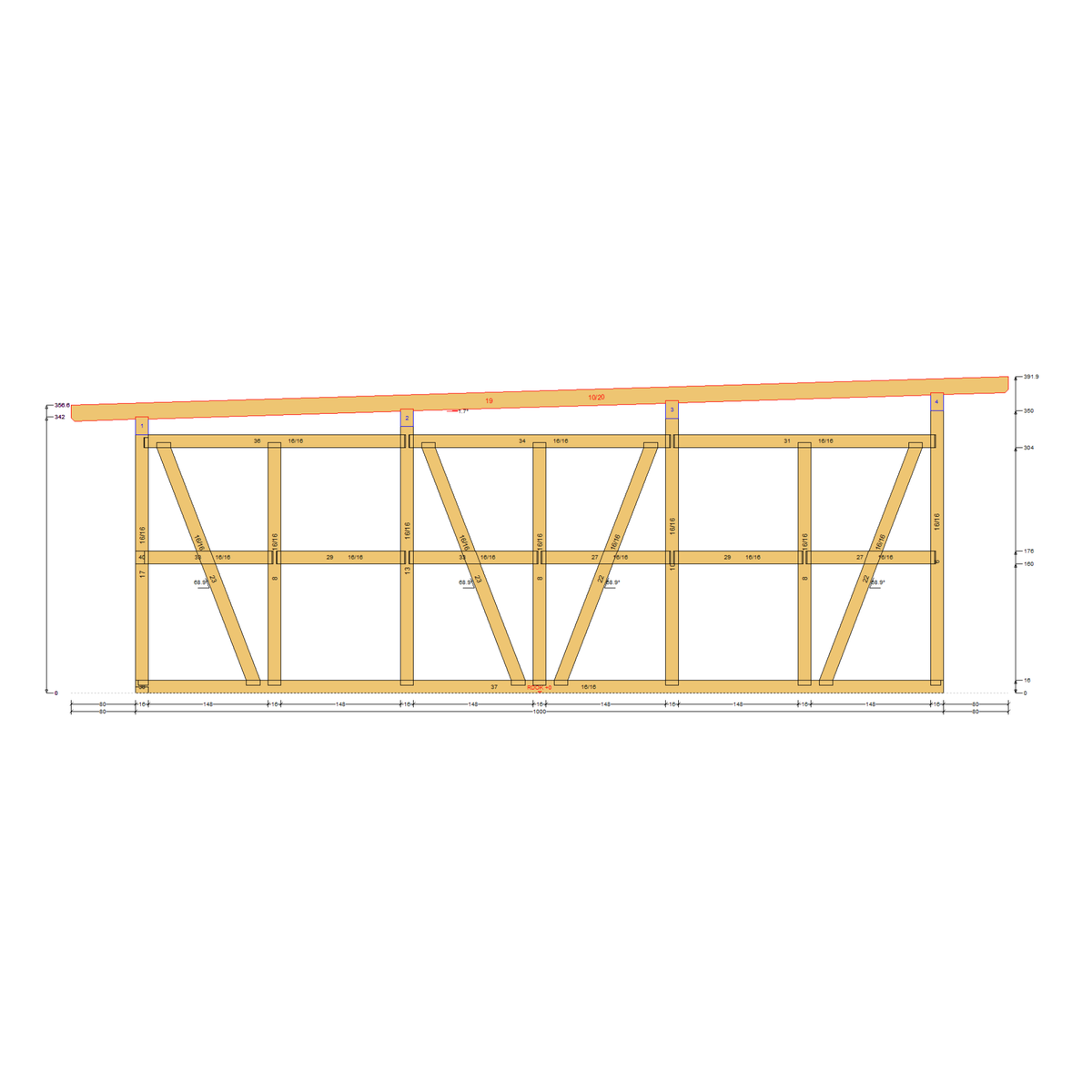 Bauplan Carport mit Geräteschuppen 13 Querschnitt mit Bemaßung