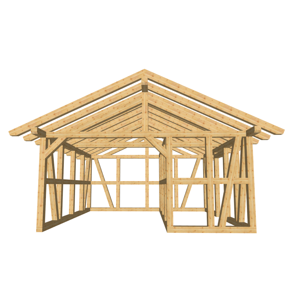 Bauplan Carport mit Geräteschuppen 14 3D-Frontansicht
