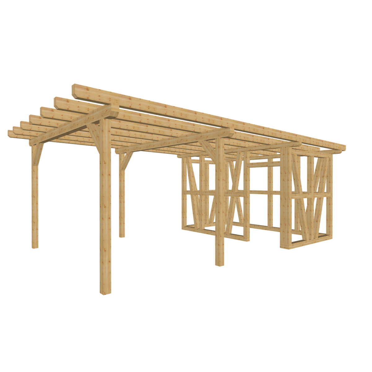 Bauplan Carport mit Geräteschuppen 15 3D-Ansicht schräg von vorn