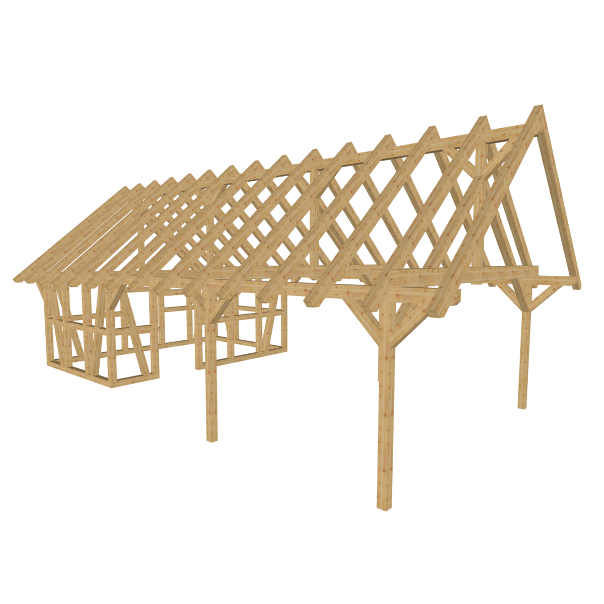 Bauplan Carport mit Geräteschuppen 16 3D-Ansicht schräg von vorn