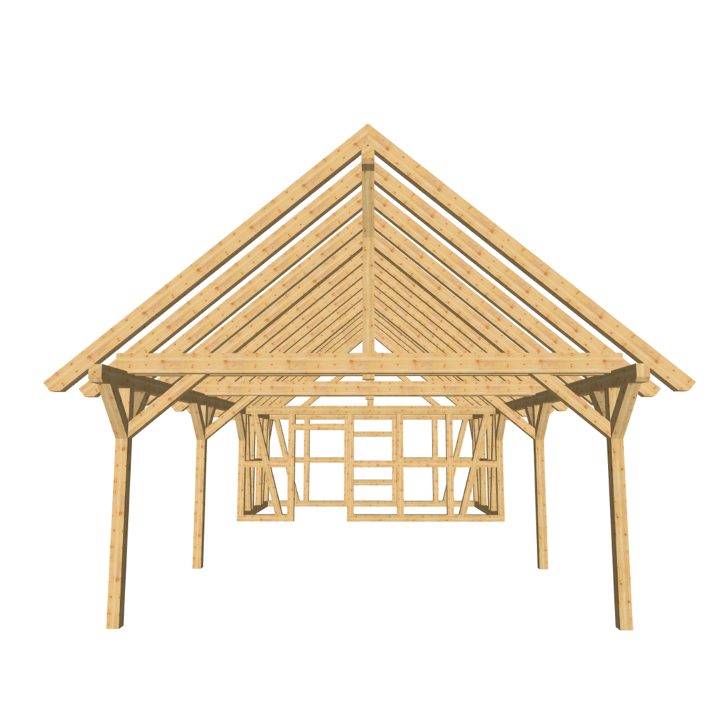 Bauplan Carport mit Geräteschuppen 16 3D-Frontansicht