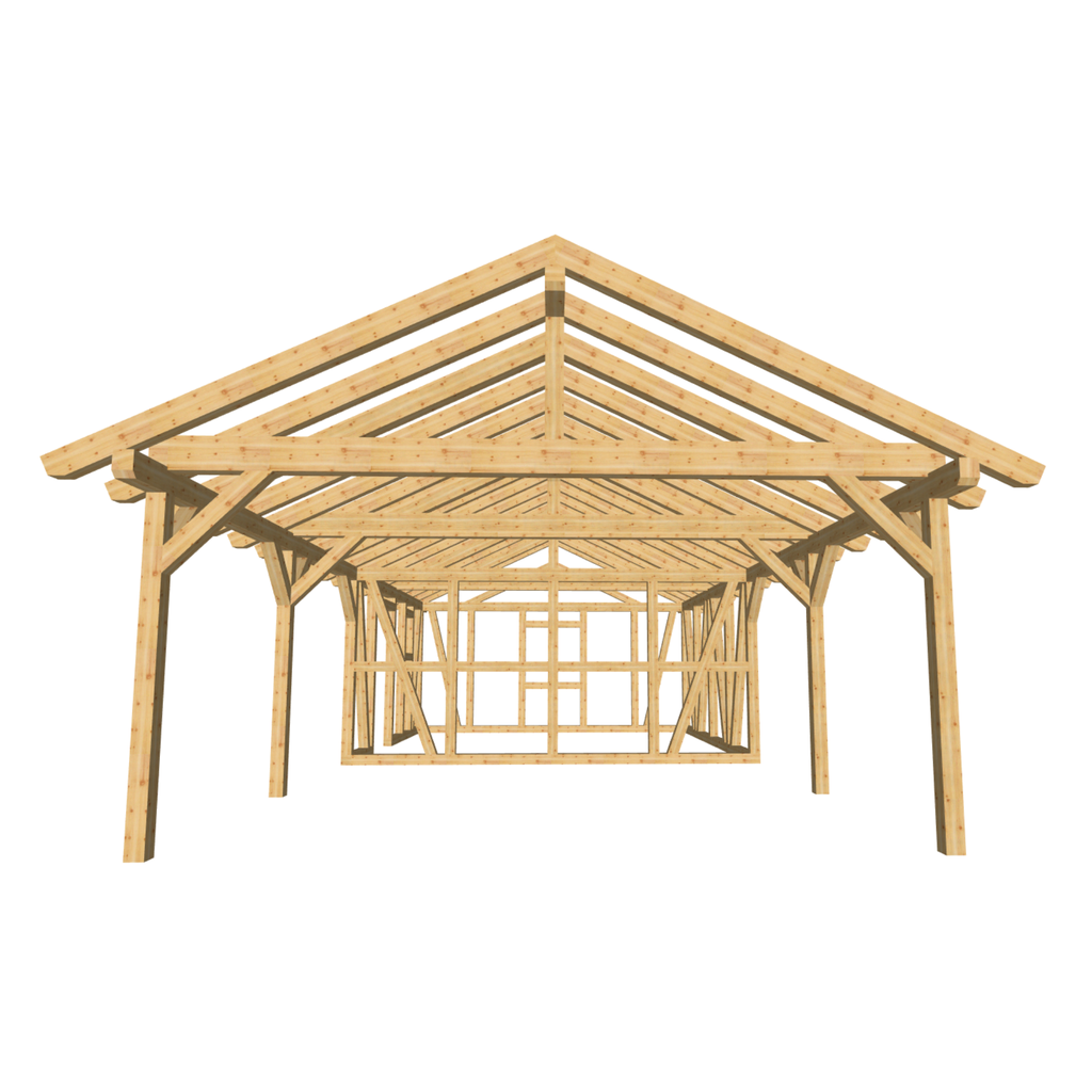 Bauplan Carport mit Geräteschuppen 17 3D-Frontansicht