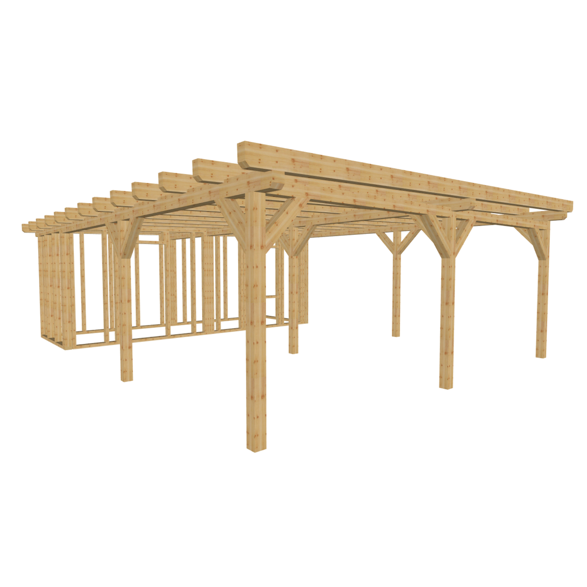 Bauplan Carport mit Geräteschuppen 18 3D-Ansicht schräg von vorn