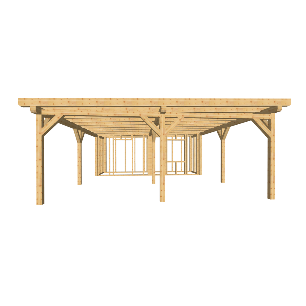 Bauplan Carport mit Geräteschuppen 18 3D-Frontansicht