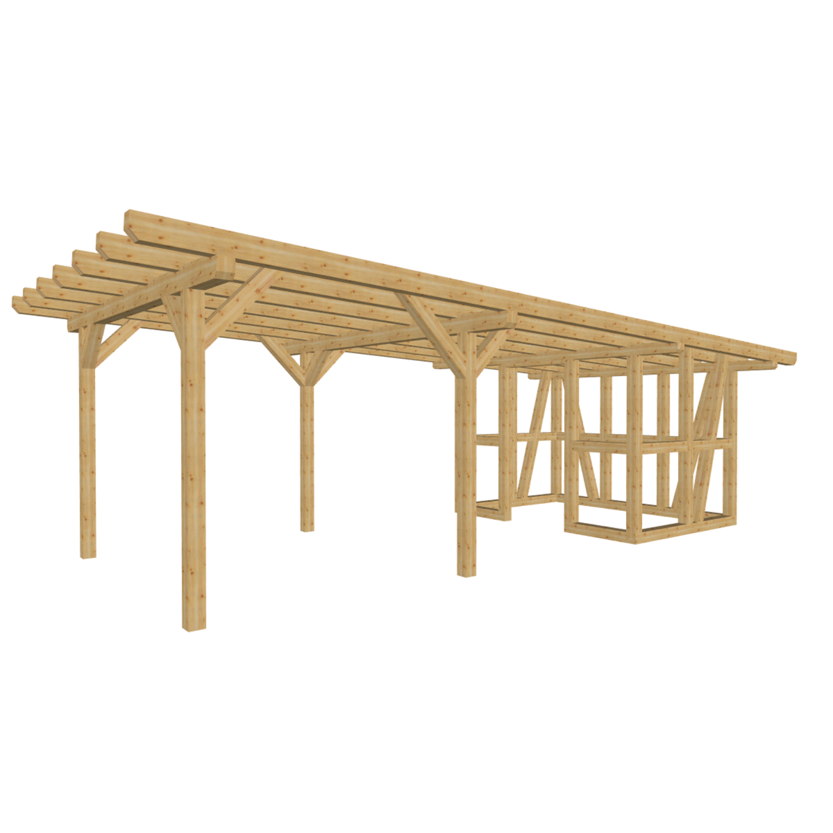 Bauplan Carport mit Geräteschuppen 1 3D-Ansicht schräg von vorn