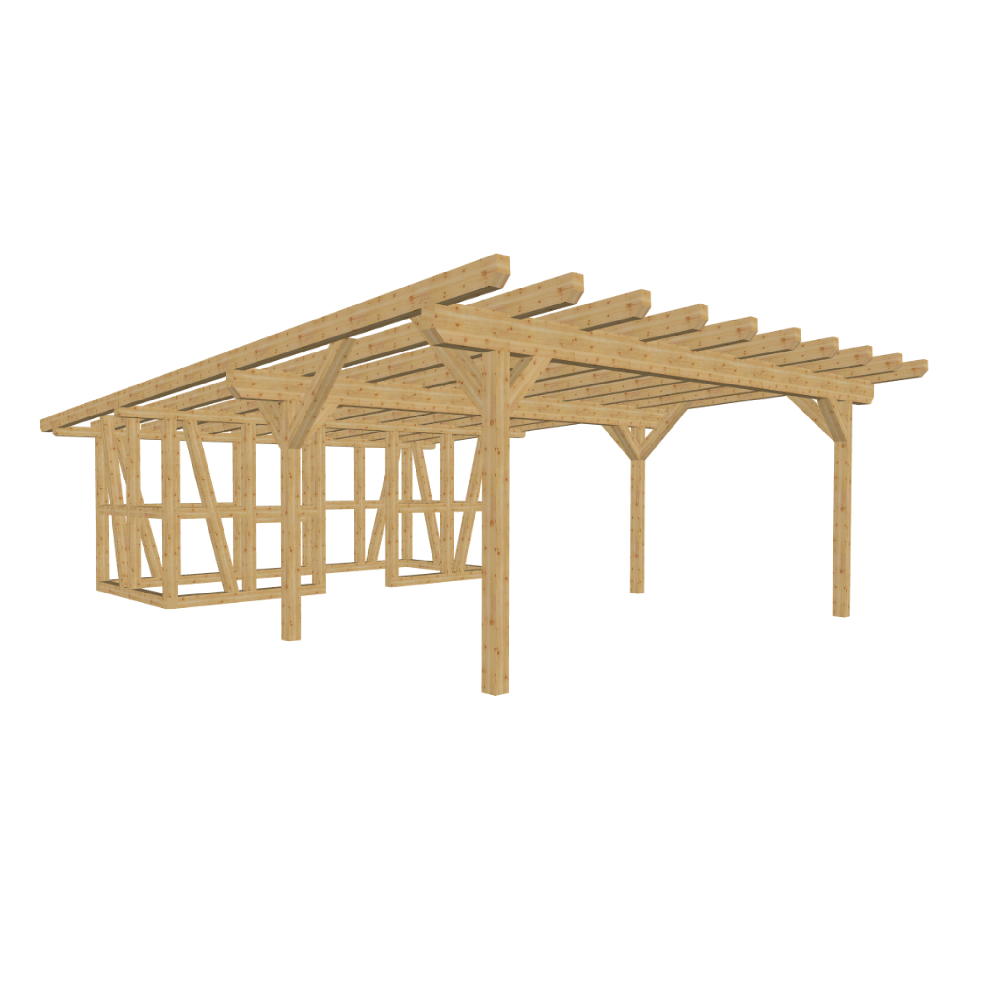 Bauplan Carport mit Geräteschuppen 2 3D-Ansicht schräg von vorn