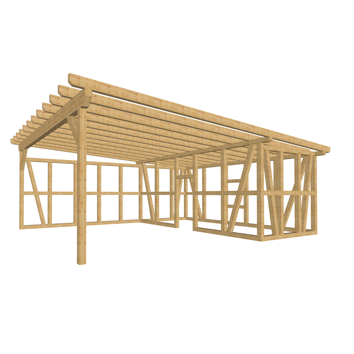 Bauplan Carport mit Geräteschuppen 20 3D-Ansicht schräg von vorn