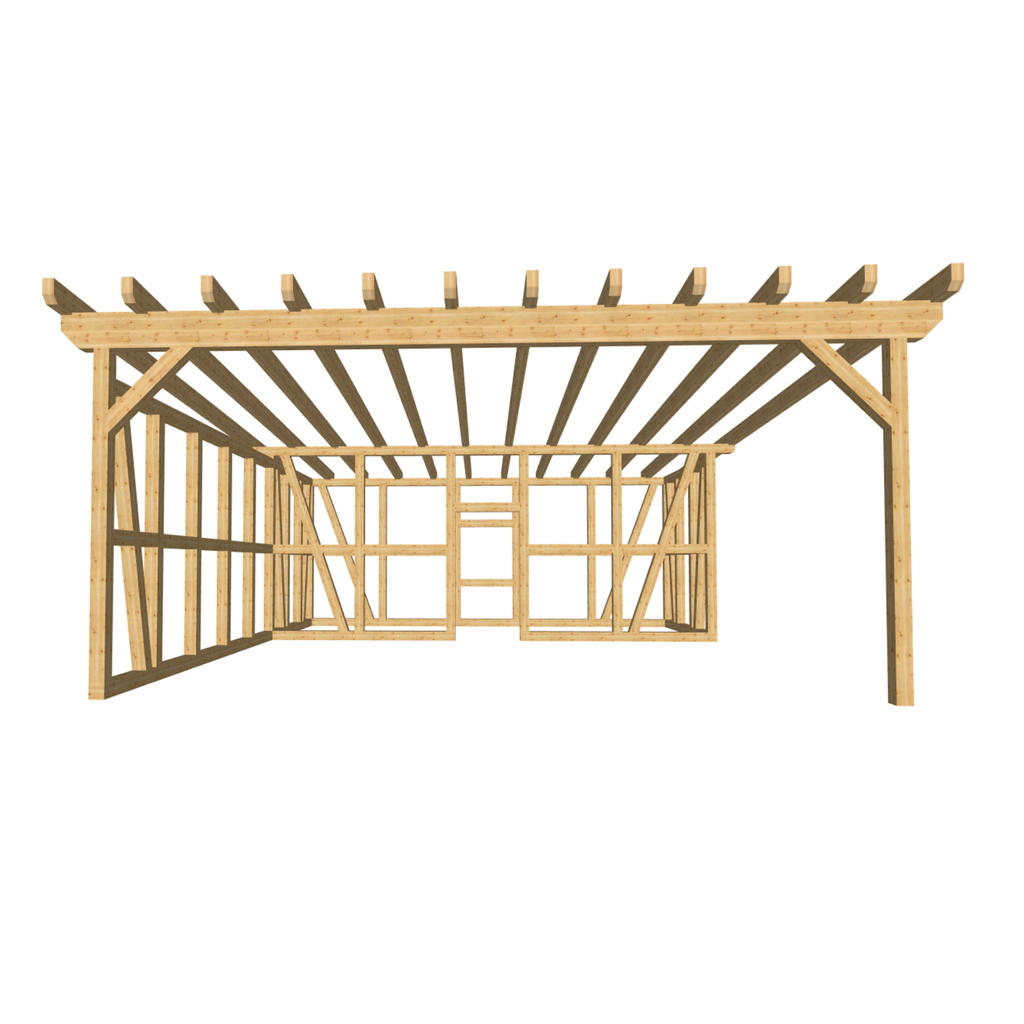 Bauplan Carport mit Geräteschuppen 20 3D-Frontansicht