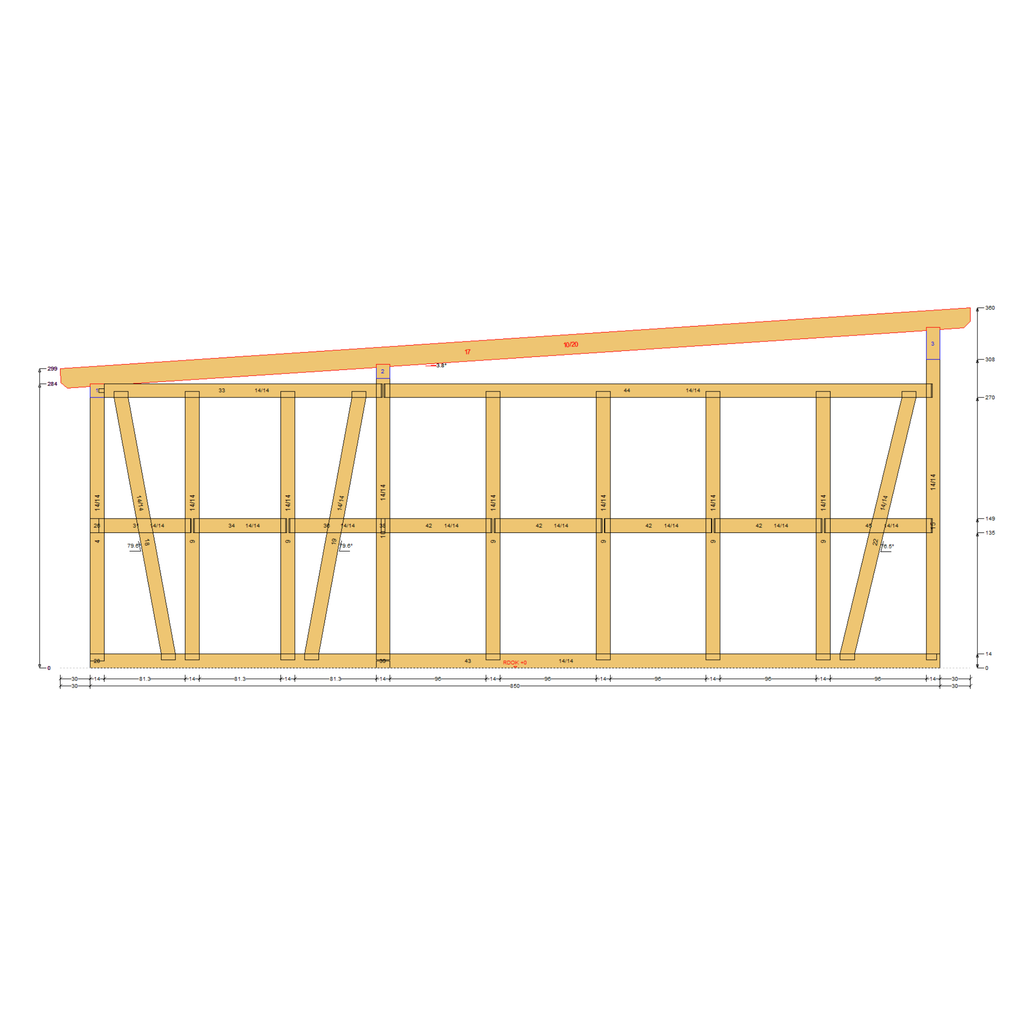 Bauplan Carport mit Geräteschuppen 20 Querschnitt mit Bemaßung