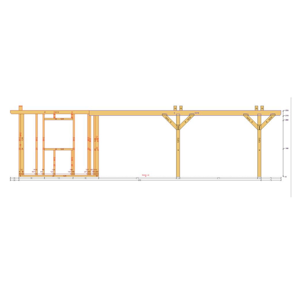 Bauplan Carport mit Geräteschuppen 21 Seitenansicht mit Bemaßung