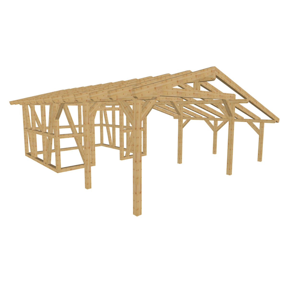 Bauplan Carport mit Geräteschuppen 23 3D-Ansicht schräg von vorn