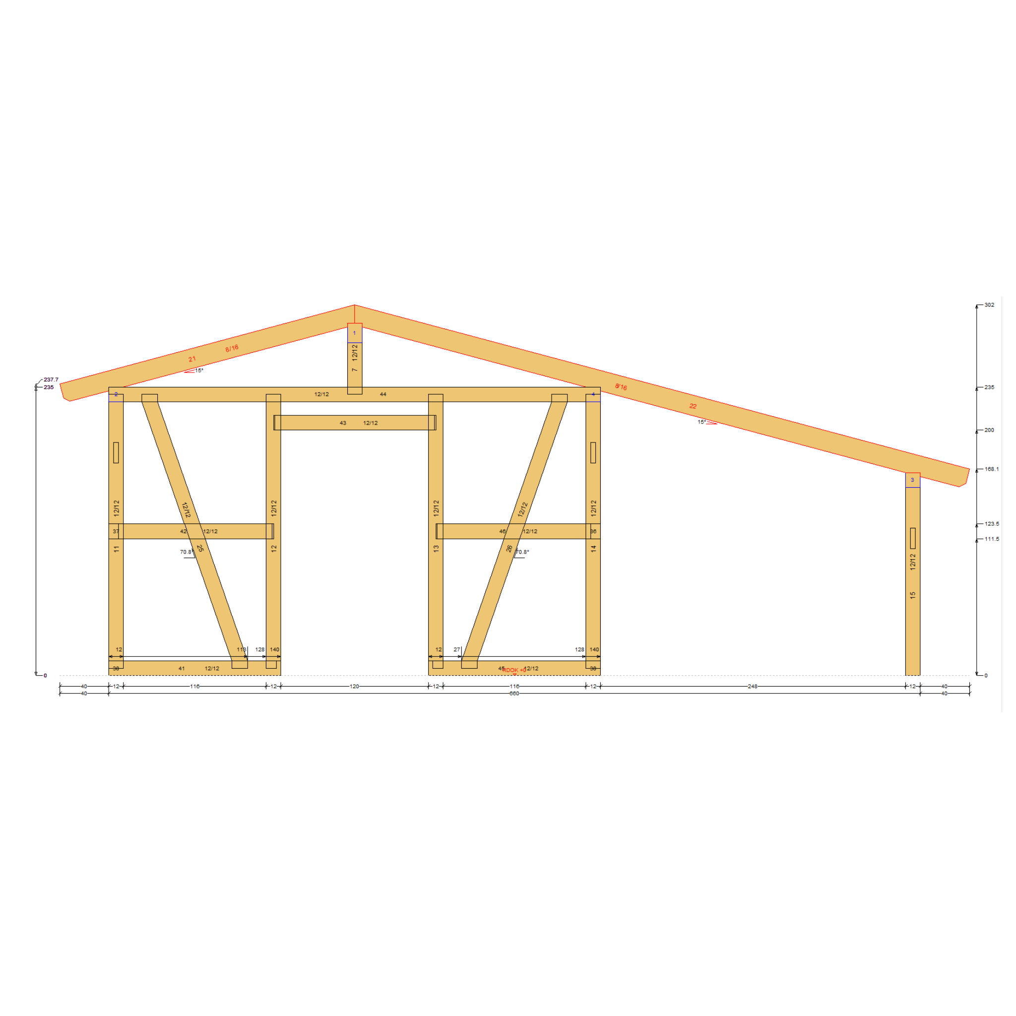 Bauplan Carport mit Geräteschuppen 23 Querschnitt mit Bemaßung