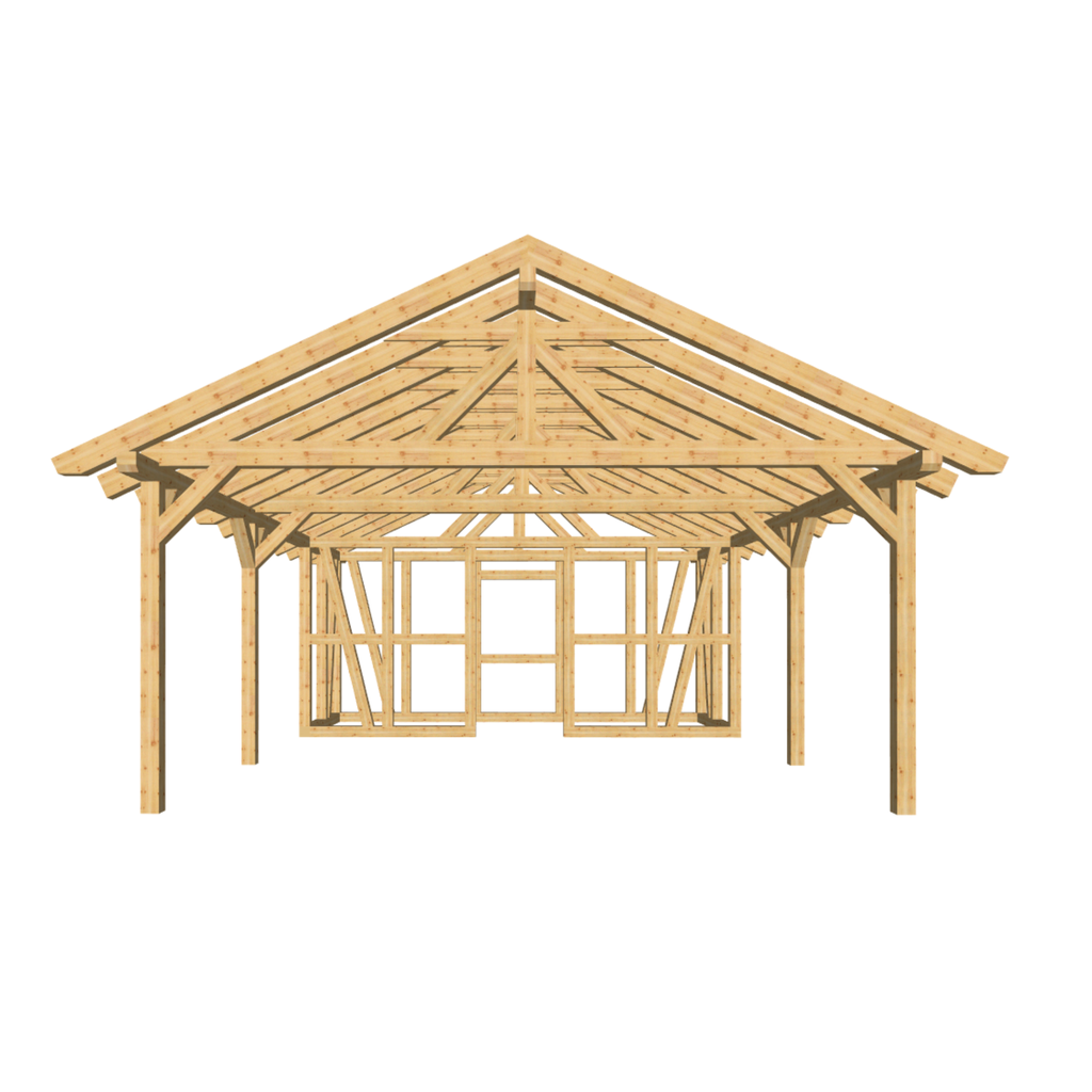 Bauplan Carport mit Geräteschuppen 4 3D-Frontansicht