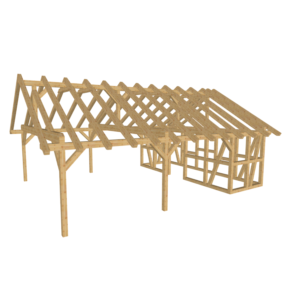 Bauplan Carport mit Geräteschuppen 7 3D-Ansicht schräg von vorn

