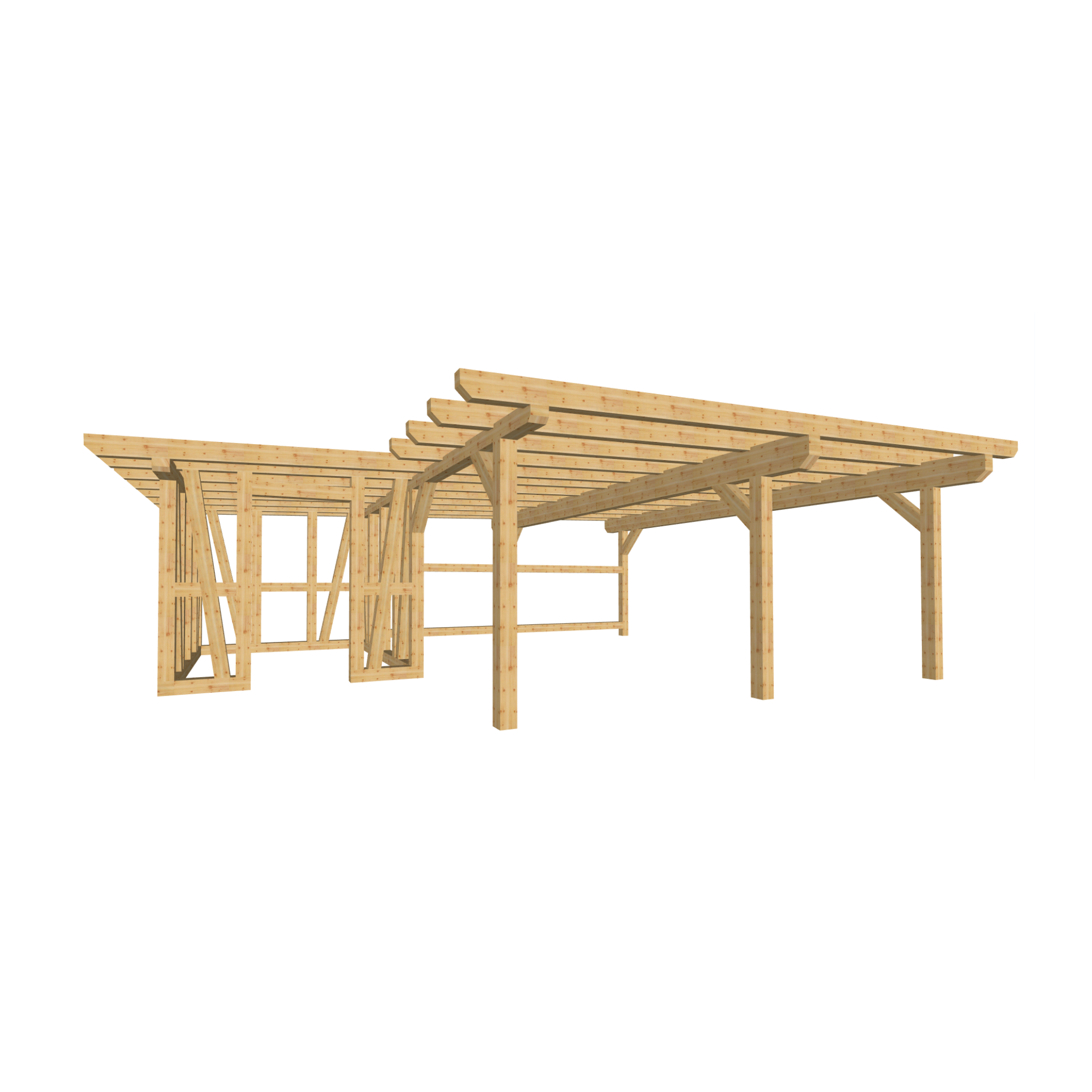 Bauplan Carport mit Geräteschuppen 8 3D-Ansicht schräg von vorn