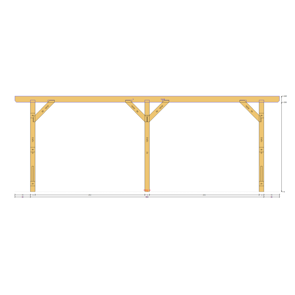 Bauplan Doppelcarport Flachdach 12 Seitenansicht mit Bemaßung