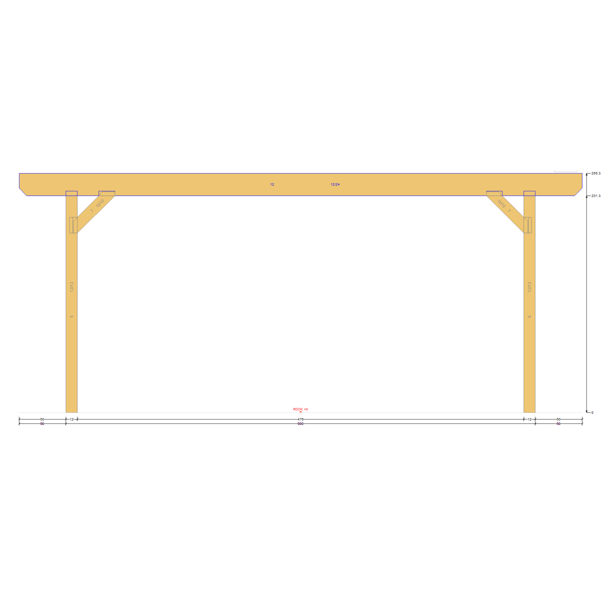 Bauplan Doppelcarport Flachdach 5 Seitenansicht mit Bemaßung