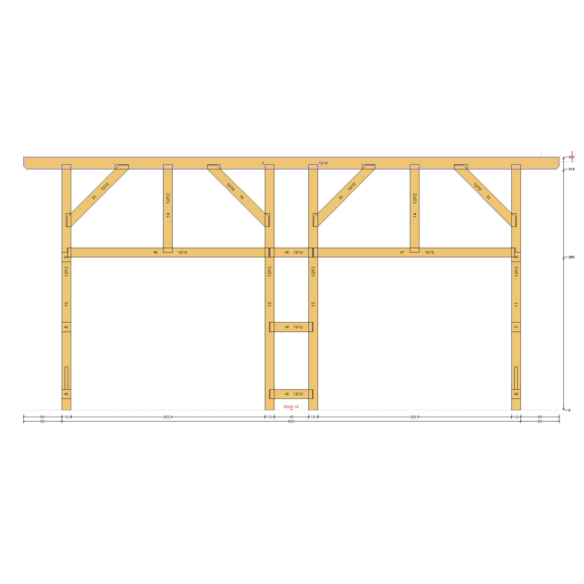 Bauplan Doppelcarport Flachdach 8 Seitenansicht mit Bemaßung