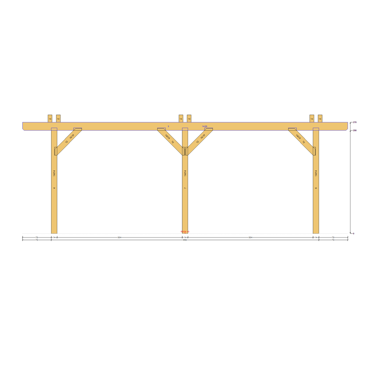 Bauplan Doppelcarport Satteldach 25 Seitenansicht mit Bemaßung