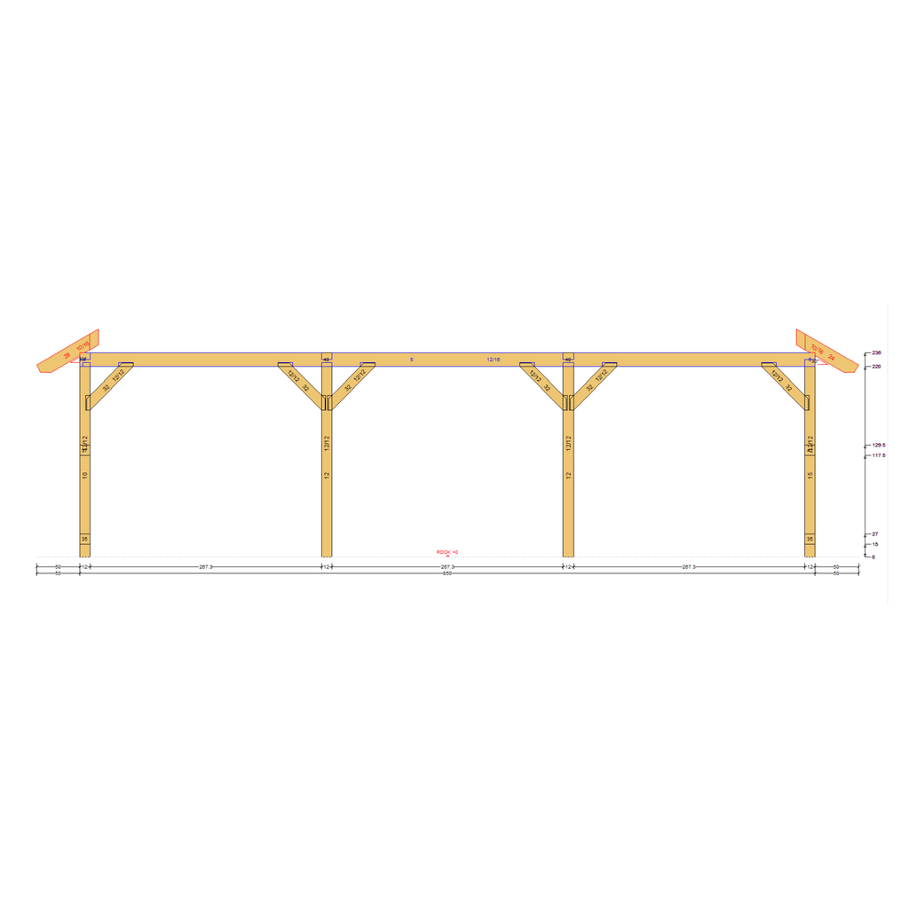 Bauplan Doppel-Carport-Walmdach 3 Seitenansicht mit Bemaßung