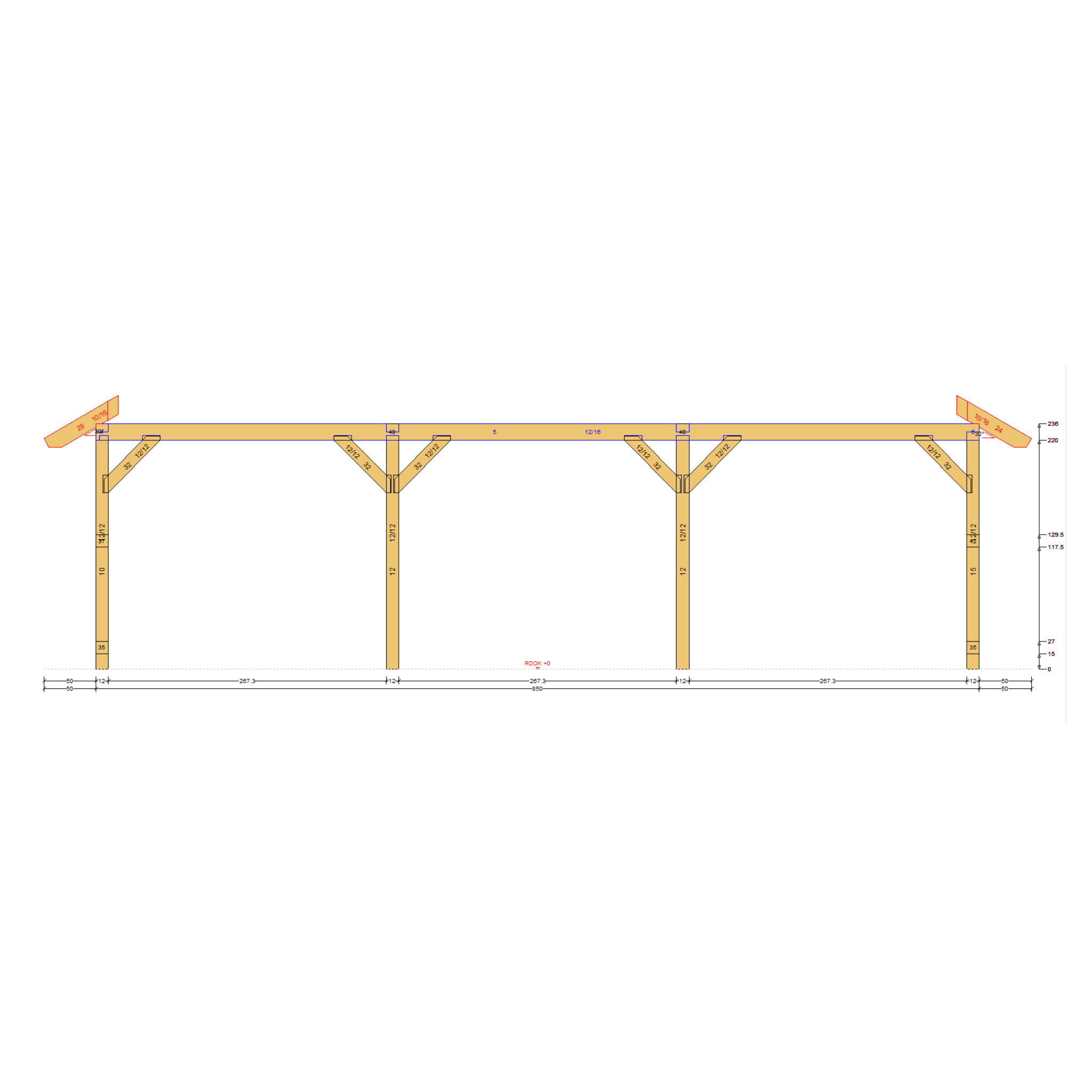 Bauplan Doppel-Carport-Walmdach 3 Seitenansicht mit Bemaßung