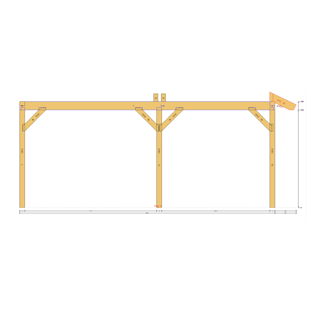 Bauplan Doppel-Carport-Walmdach 4 Seitenansicht mit Bemaßung
