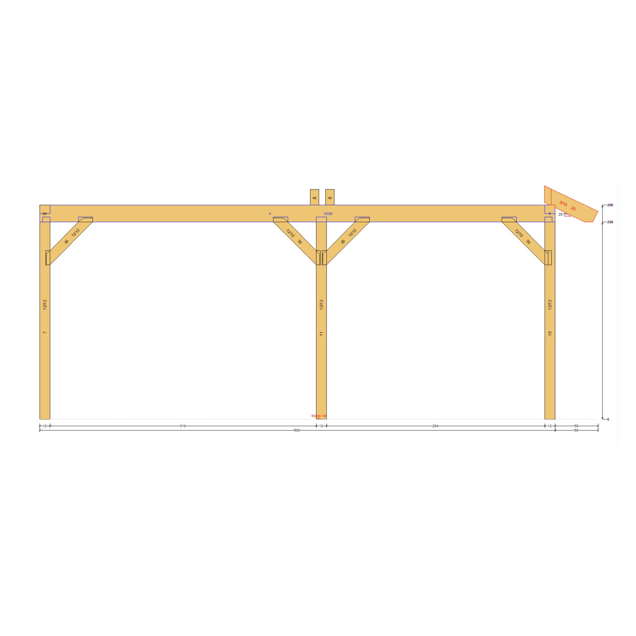 Bauplan Doppel-Carport-Walmdach 4 Seitenansicht mit Bemaßung