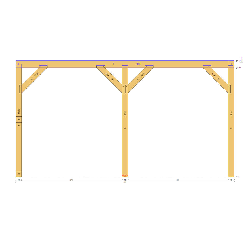 Bauplan Doppel-Carport-Walmdach 5 Seitenansicht mit Bemaßung