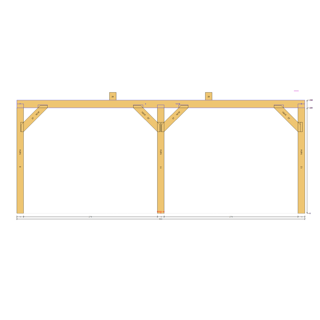 Bauplan Doppel-Carport-Walmdach 6 Seitenansicht mit Bemaßung