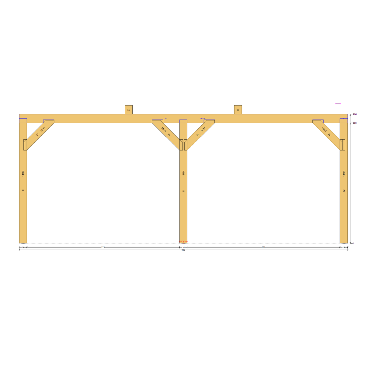 Bauplan Doppel-Carport-Walmdach 6 Seitenansicht mit Bemaßung