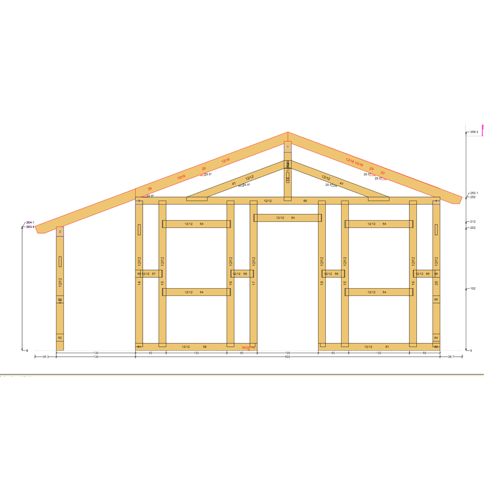 Bauplan Gartenhaus 34 Querschnitt mit Bemaßung