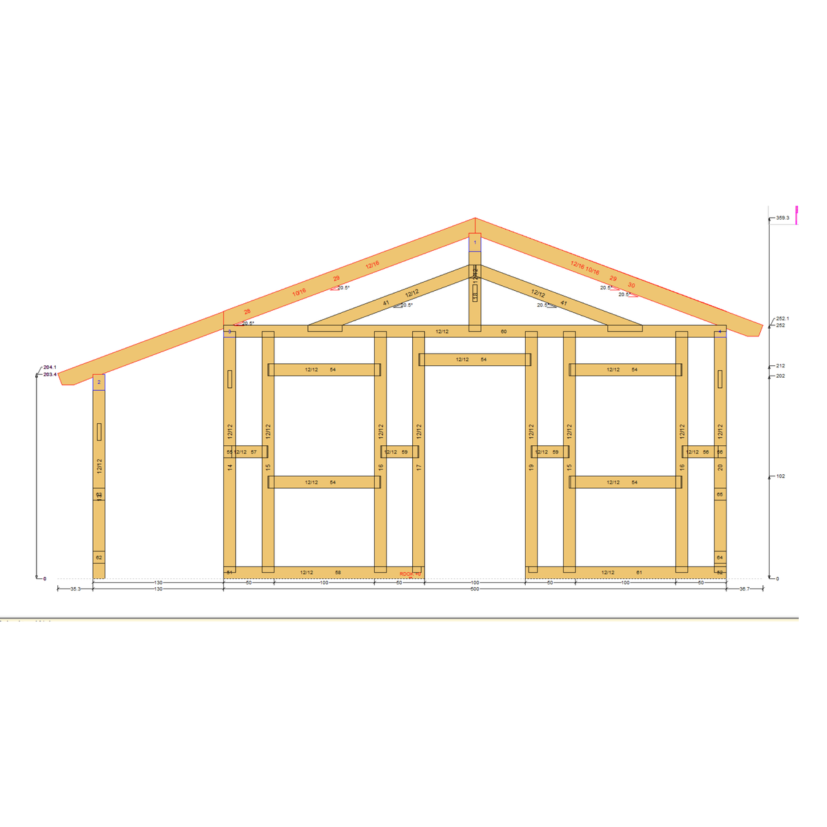 Bauplan Gartenhaus 34 Querschnitt mit Bemaßung