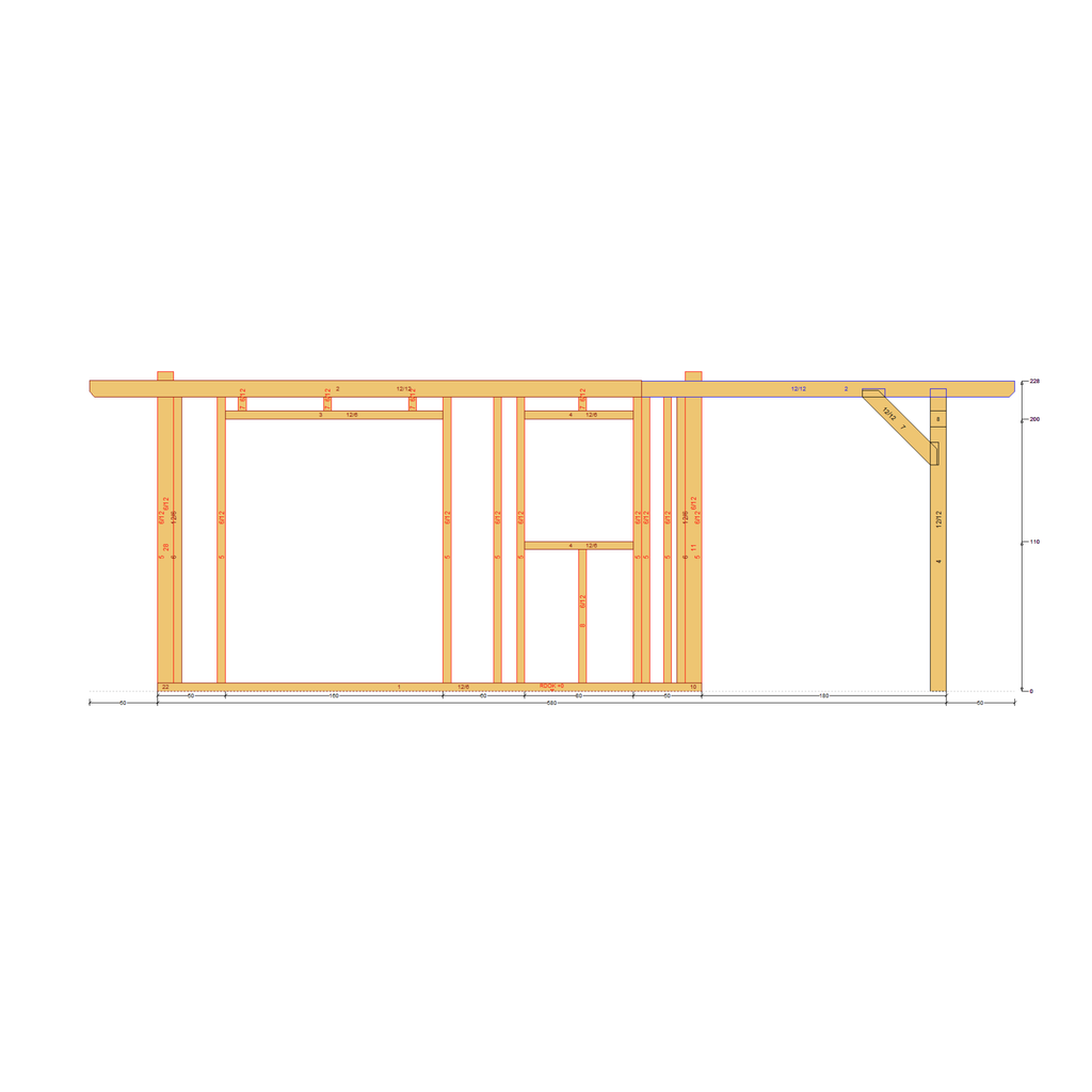 Bauplan Gartenhaus 47 Seitenansicht mit Bemaßung