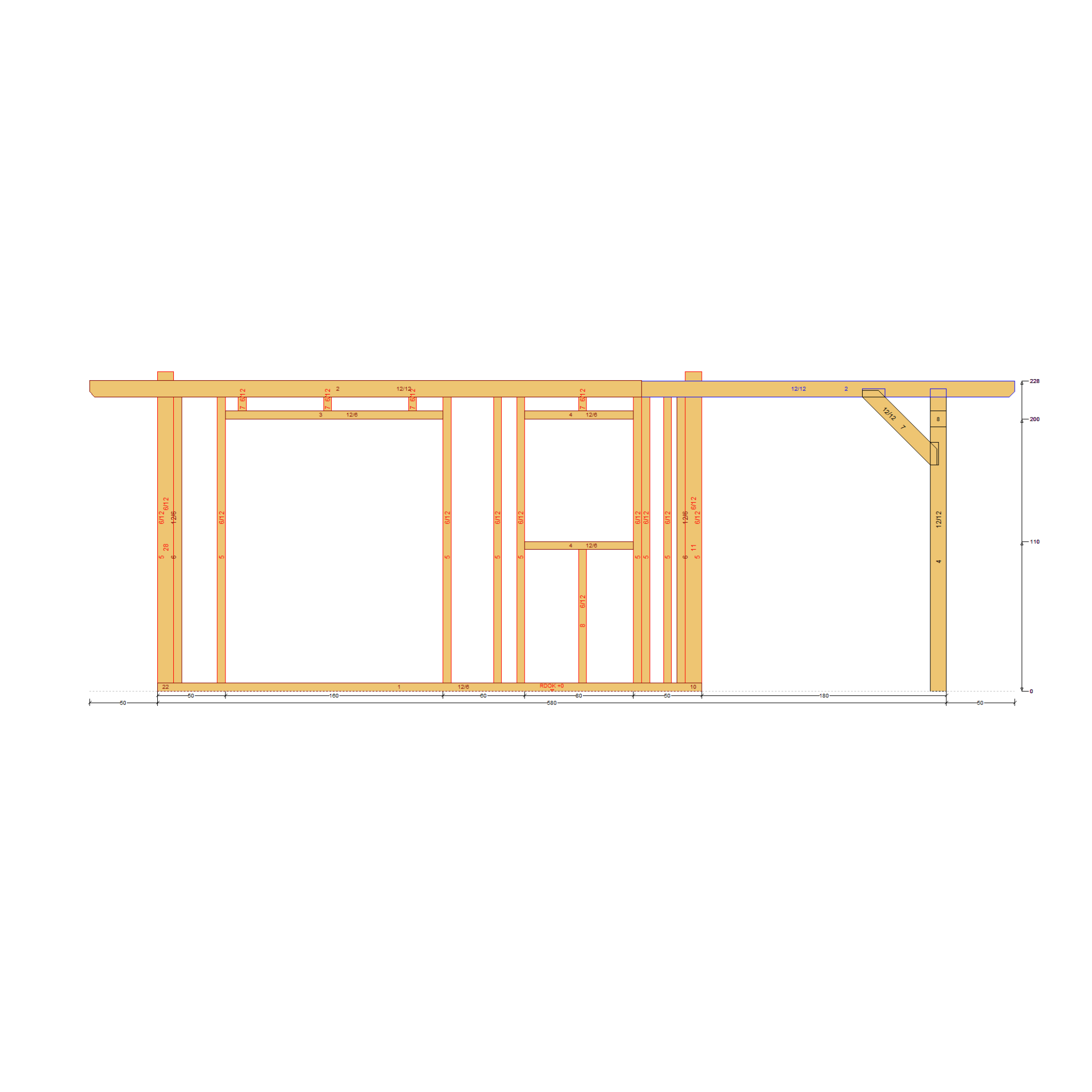 Bauplan Gartenhaus 47 Seitenansicht mit Bemaßung