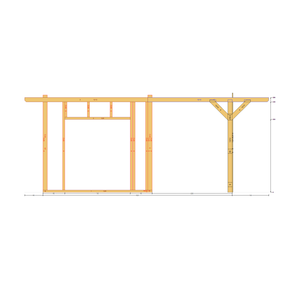 Bauplan Gartenhaus 64 Seitenansicht mit Bemaßung